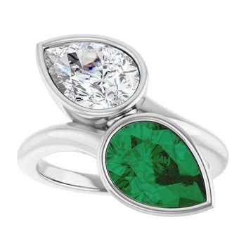 Sage 2 CTW Pear Two Stone Bezel Lab Grown Diamond Emerald Ring